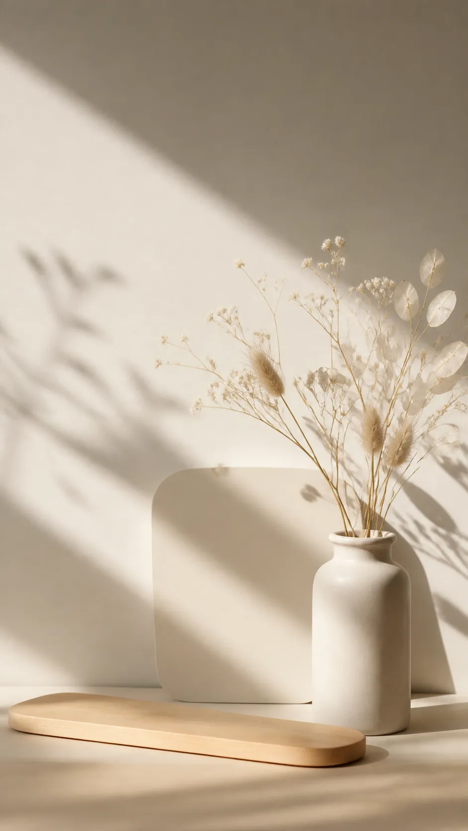 Minimalist white vase with dried flowers and shadows｜AI Image Generation Prompts