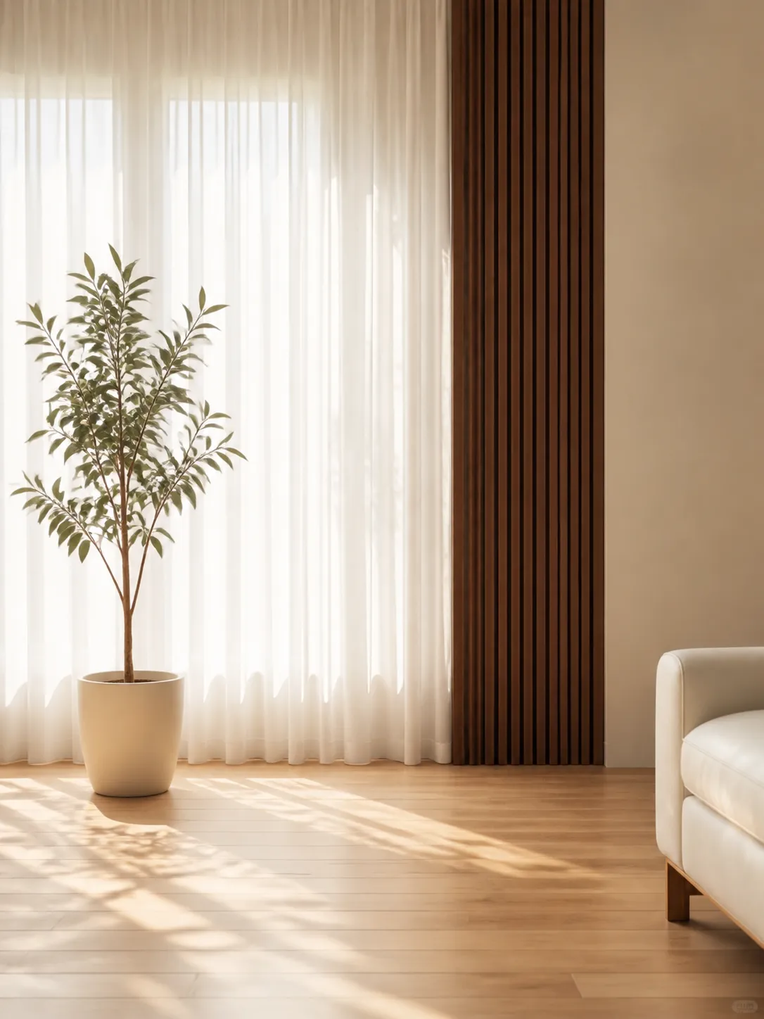 Sunlit minimalist living room with potted plant｜AI Image Generation Prompts