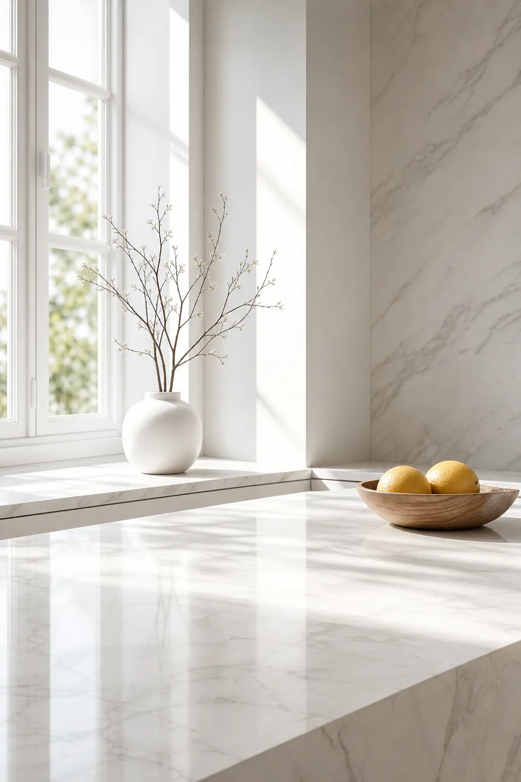 Sunlit white marble countertop with vase and lemons｜AI Image Generation Prompts
