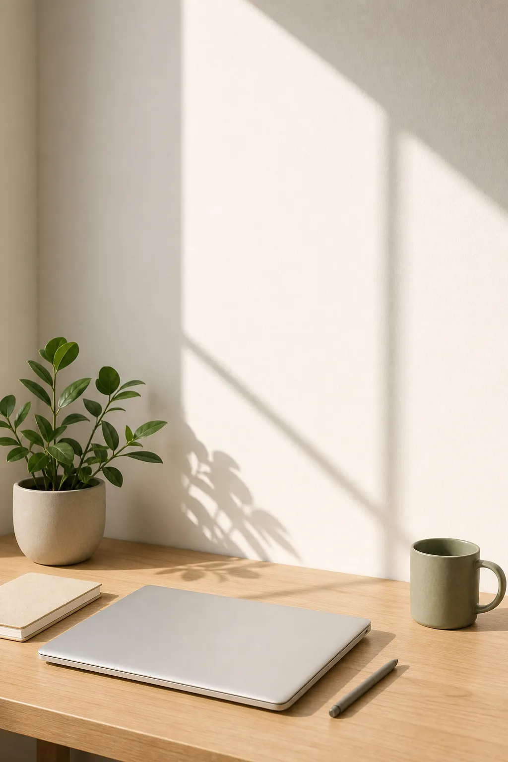 Minimalist wooden desk with laptop and plant｜AI Image Generation Prompts