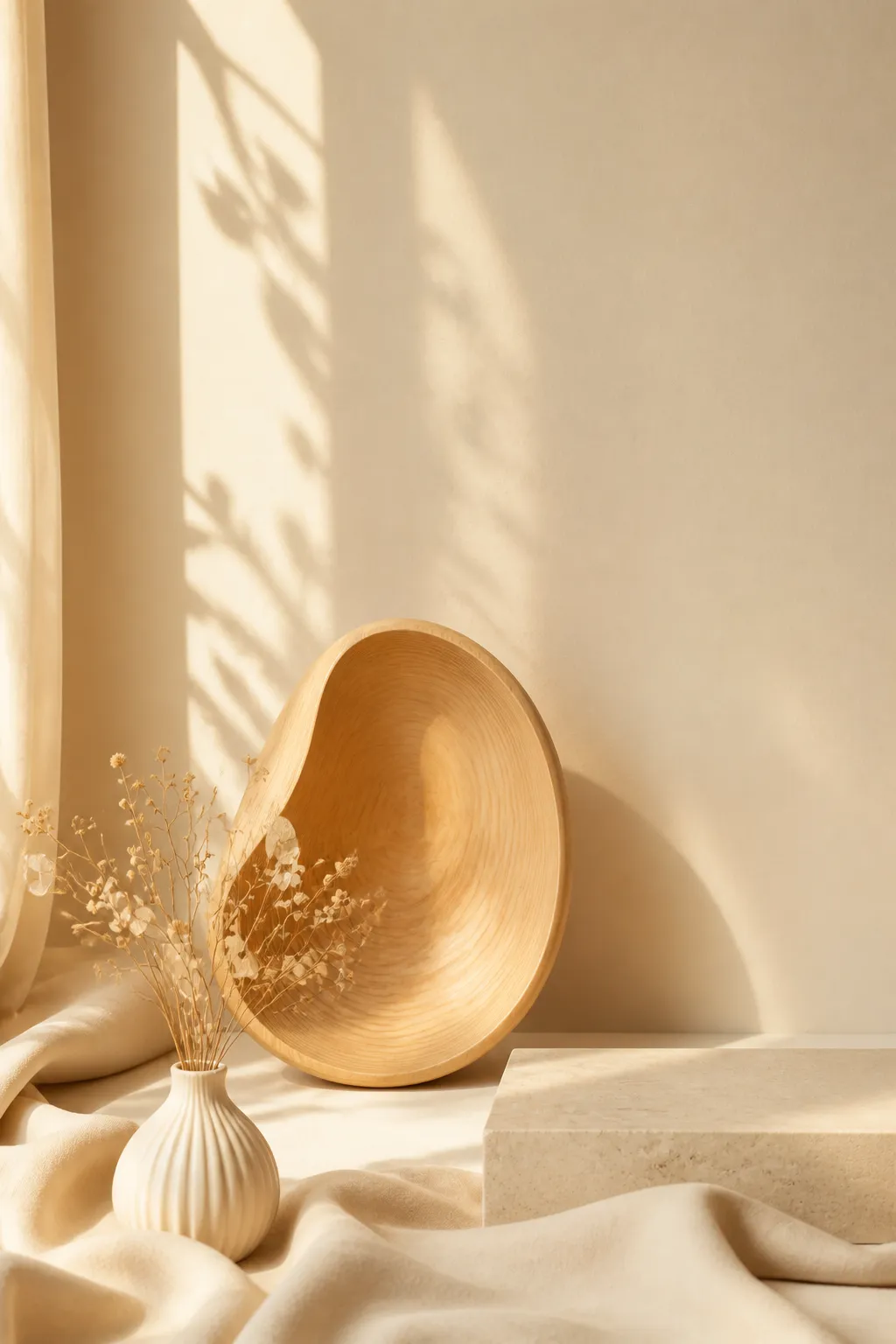 Minimalist wooden bowl with dried flowers and stone podium｜AI Image Generation Prompts
