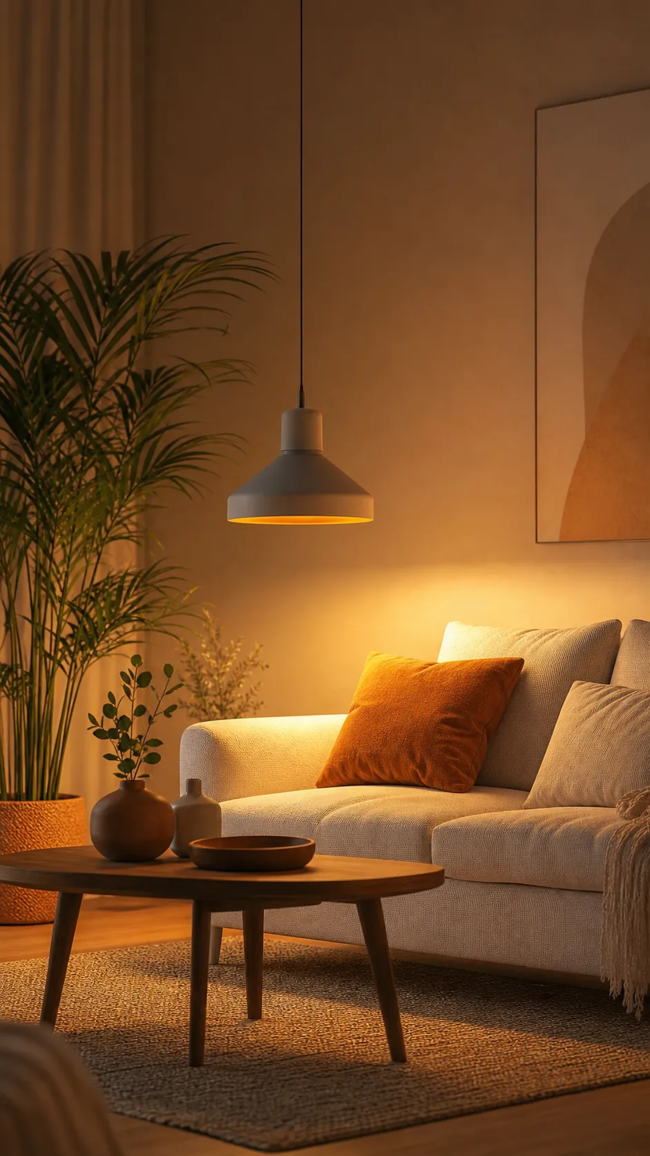 Cozy living room with warm pendant light and sofa｜AI Image Generation Prompts