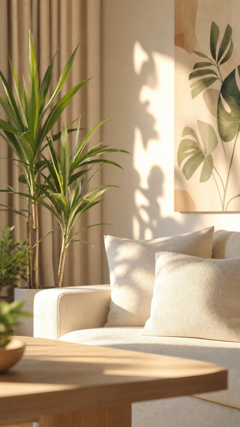 Sunlit beige living room with plants and art｜AI Image Generation Prompts