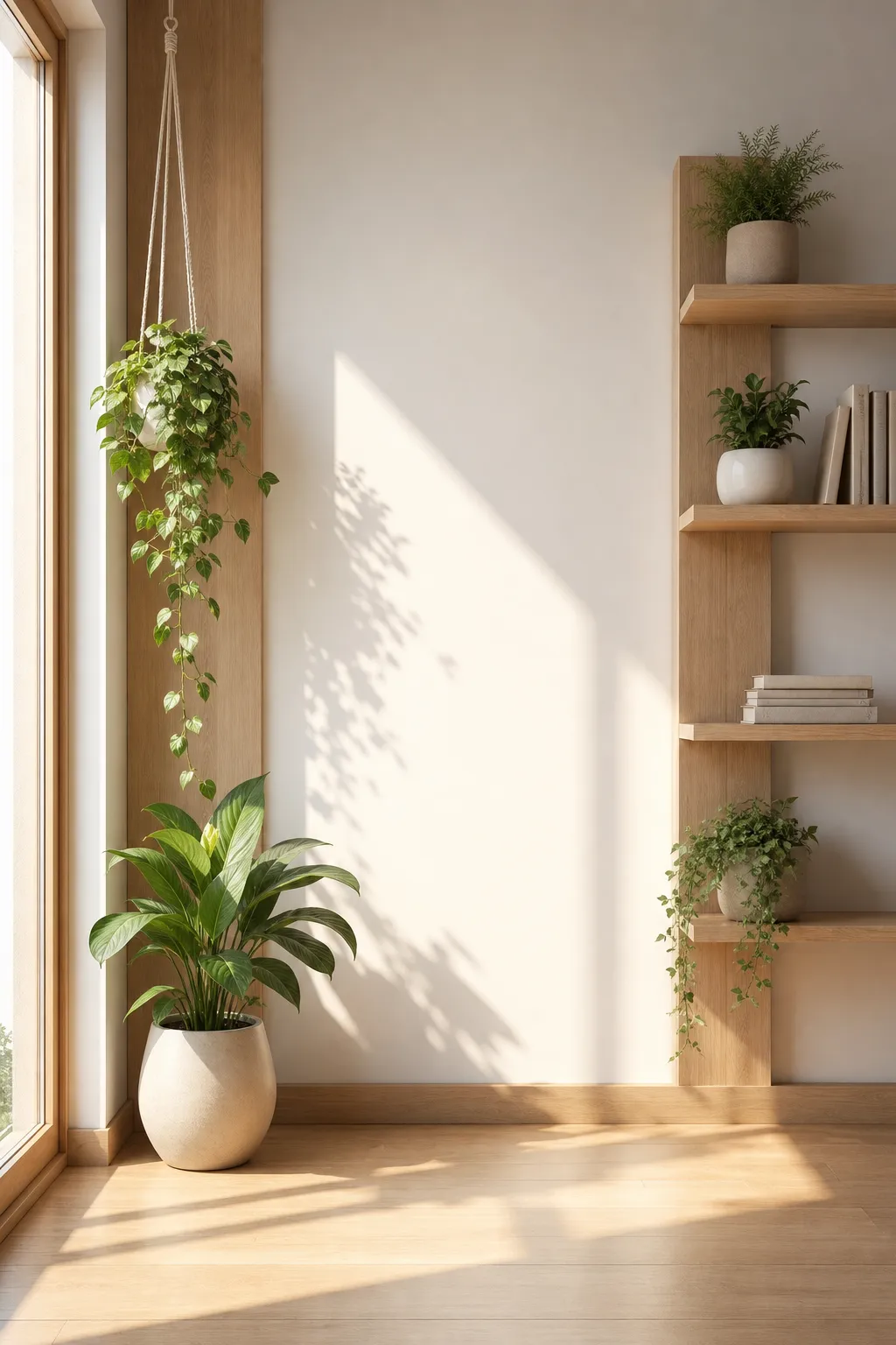 Sunlit minimalist room with plants and wooden shelves｜AI Image Generation Prompts