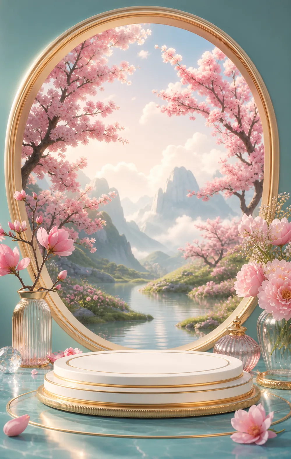 Cherry Blossom Mirror Product Display Podium｜AI Image Generation Prompts