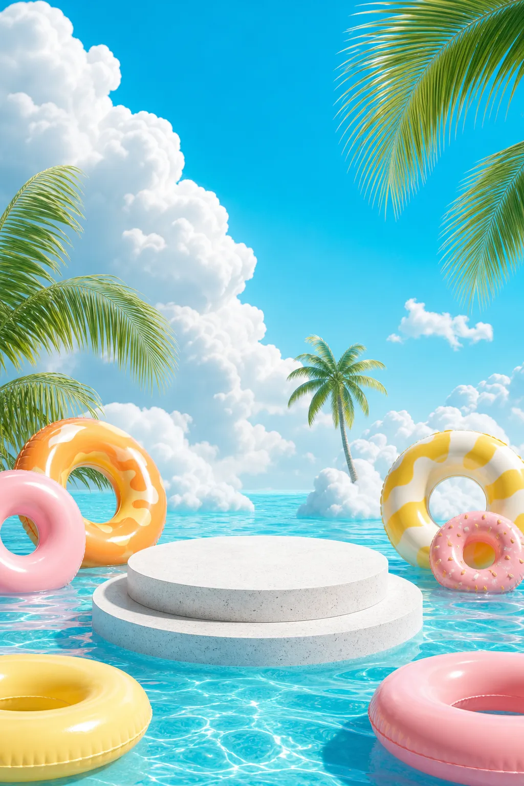 Summer pool podium with inflatable rings and palm trees｜AI Image Generation Prompts