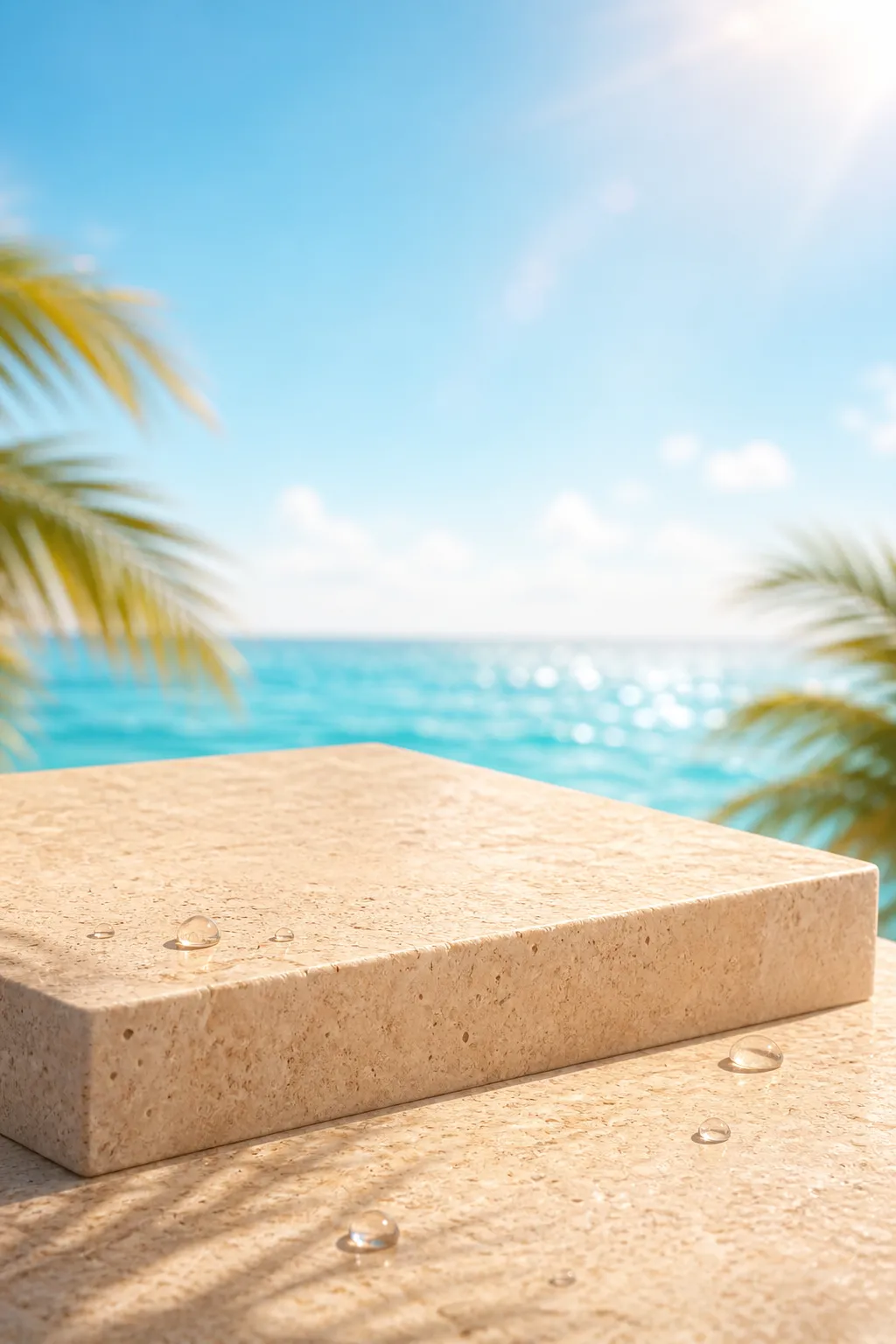 Stone Podium on Tropical Beach Background｜AI Image Generation Prompts