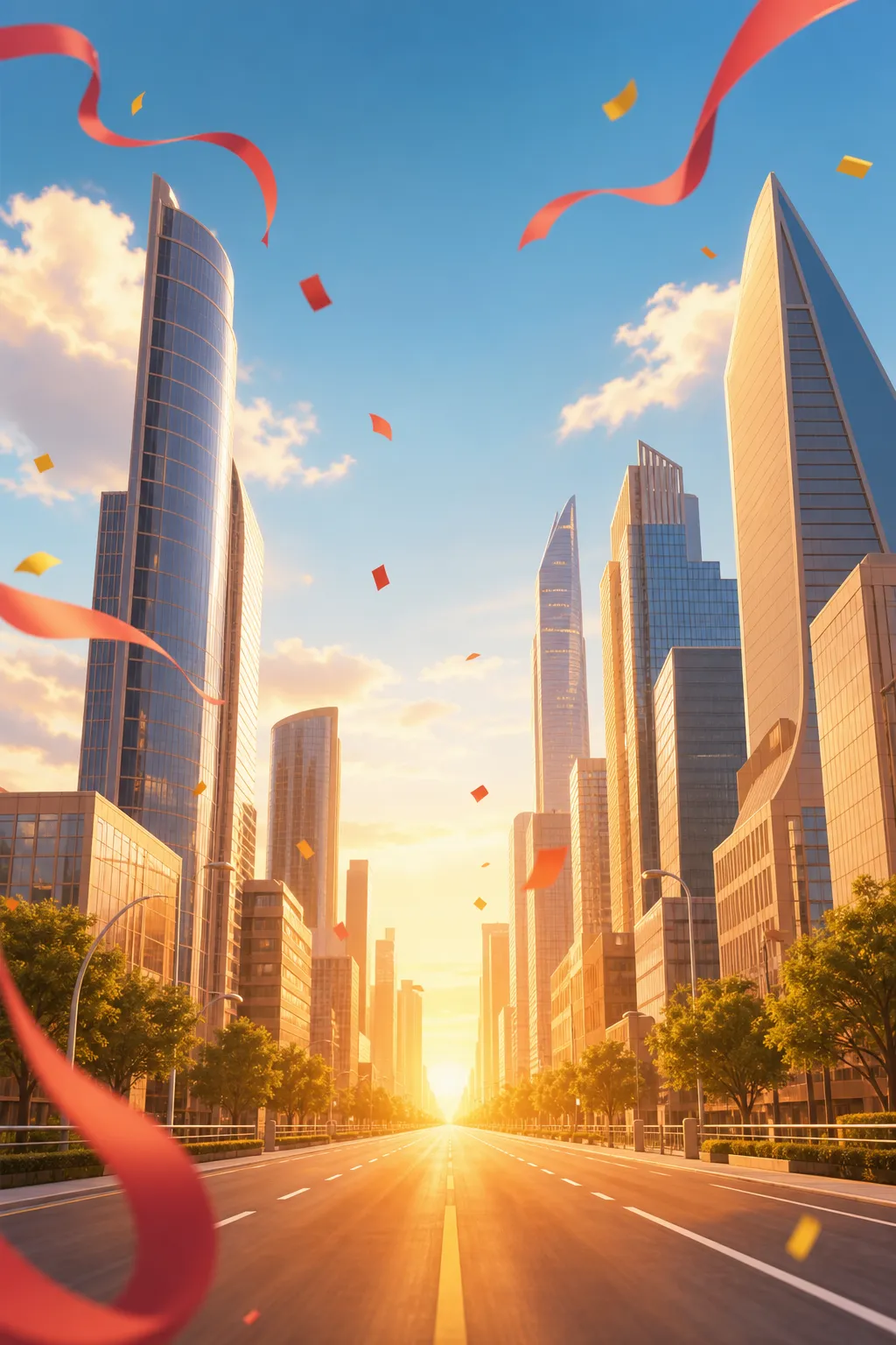 Modern city street with skyscrapers and falling confetti｜AI Image Generation Prompts