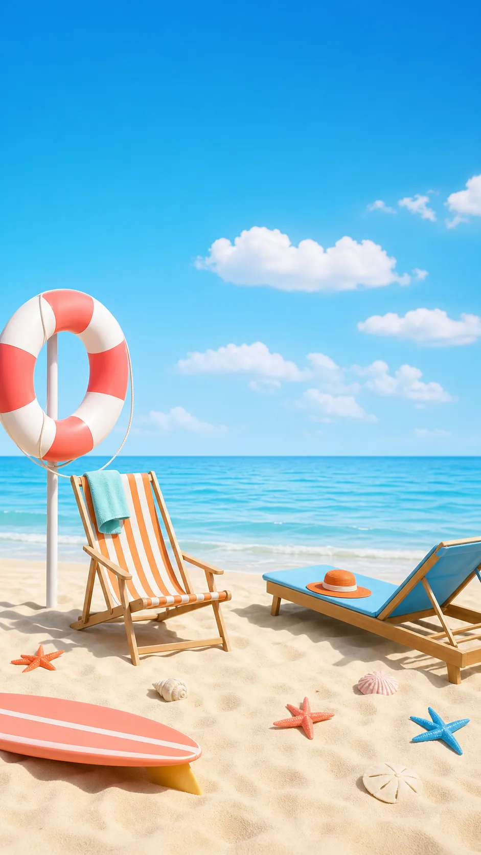 Sunny beach scene with deck chairs and surfboard｜AI Image Generation Prompts