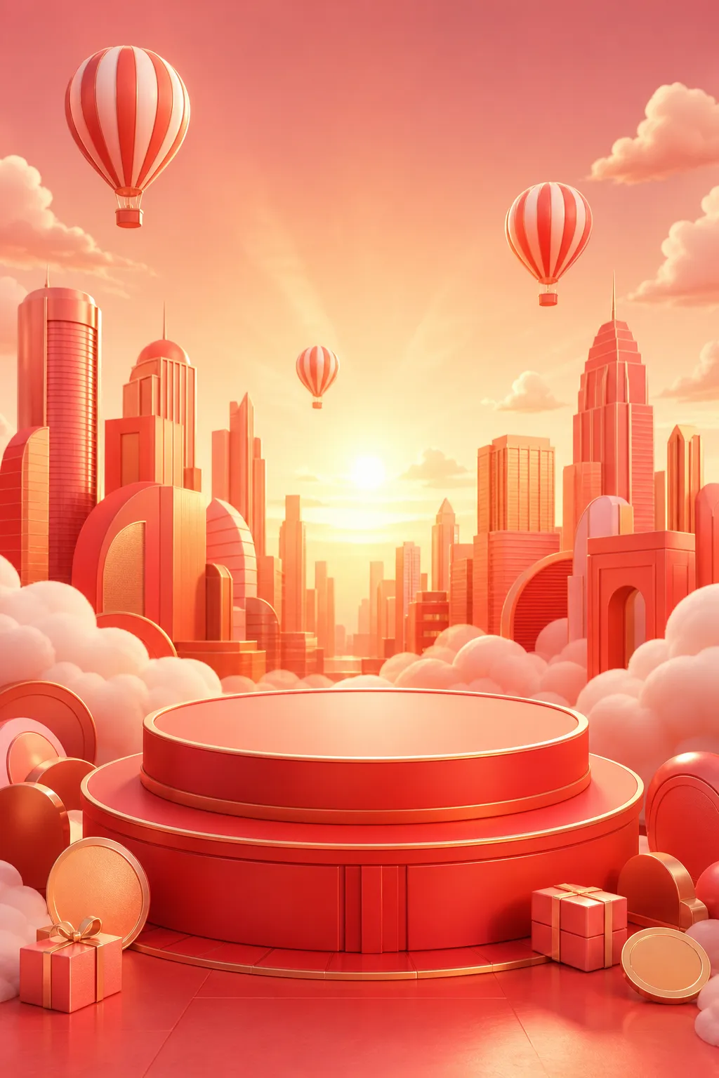 Red Podium Stage with City Skyline and Balloons｜AI Image Generation Prompts