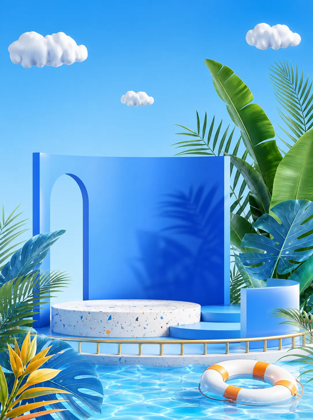 Summer tropical blue podium with pool and plants｜AI Image Generation Prompts