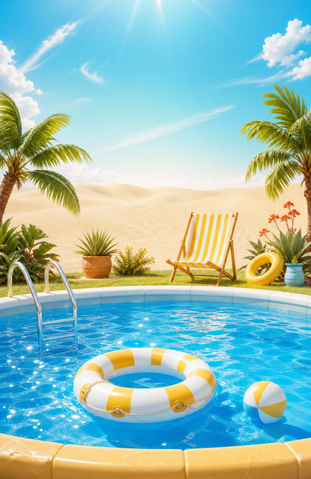 Sunny swimming pool in desert landscape with deck chair｜AI Image Generation Prompts