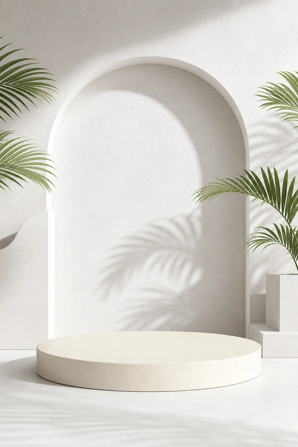 Minimalist White Arch Podium with Palm Leaves｜AI Image Generation Prompts
