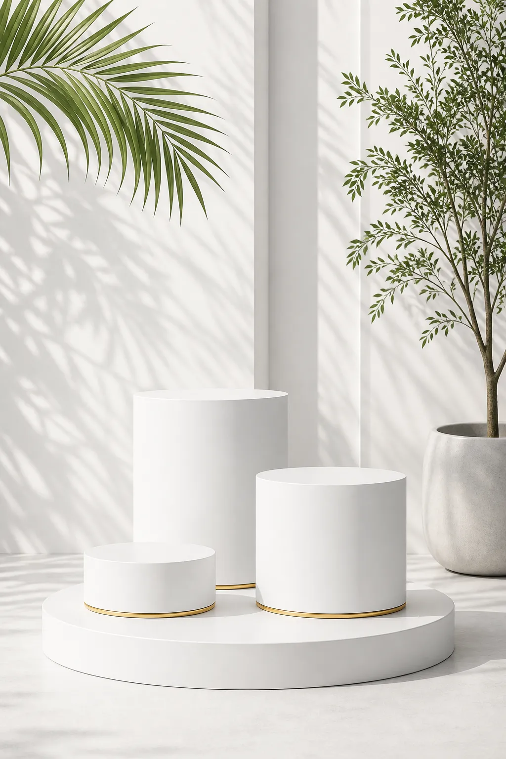 White cylindrical podium display with plants｜AI Image Generation Prompts