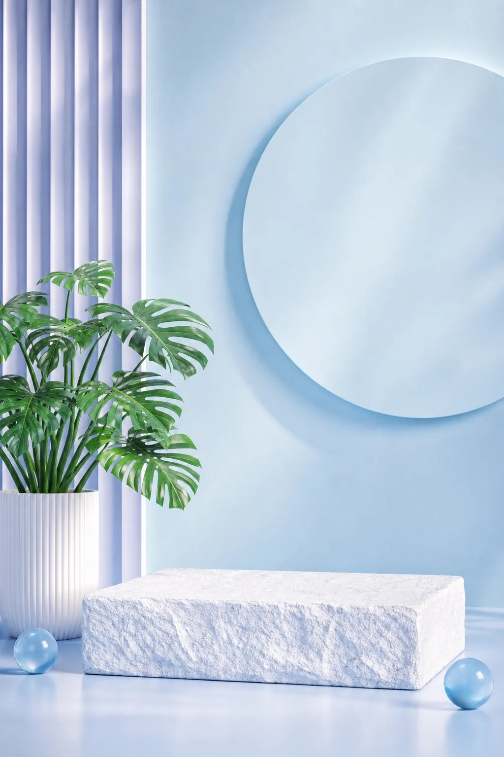 White stone podium with monstera plant on blue background｜AI Image Generation Prompts