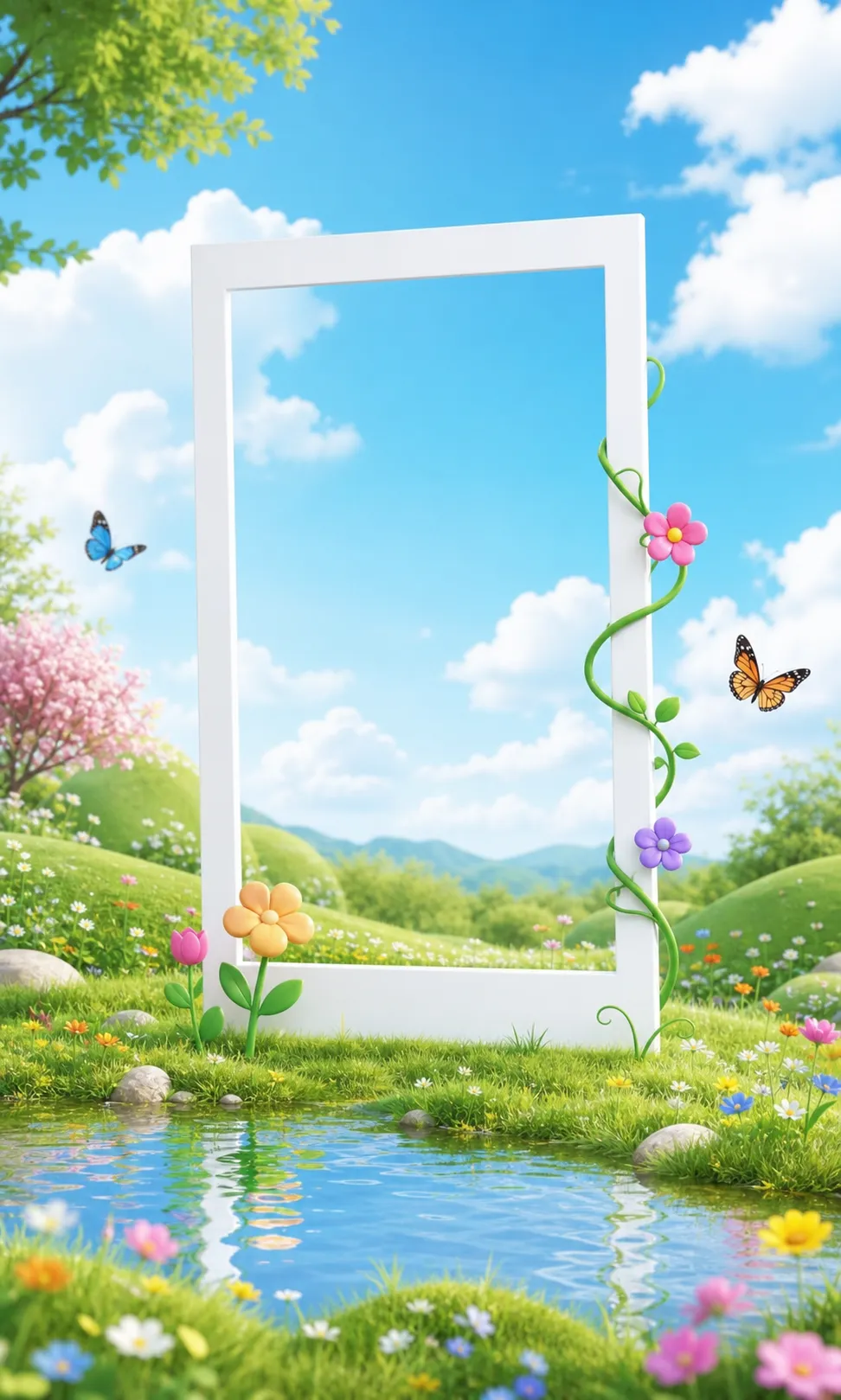 White frame in a colorful spring garden with butterflies｜AI Image Generation Prompts