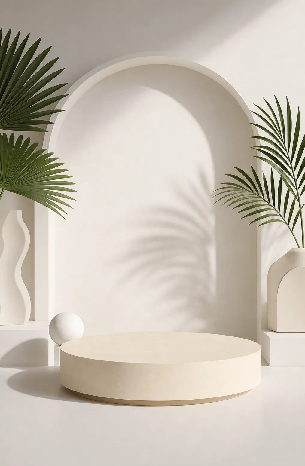 Minimalist beige podium with arch and palm leaves｜AI Image Generation Prompts