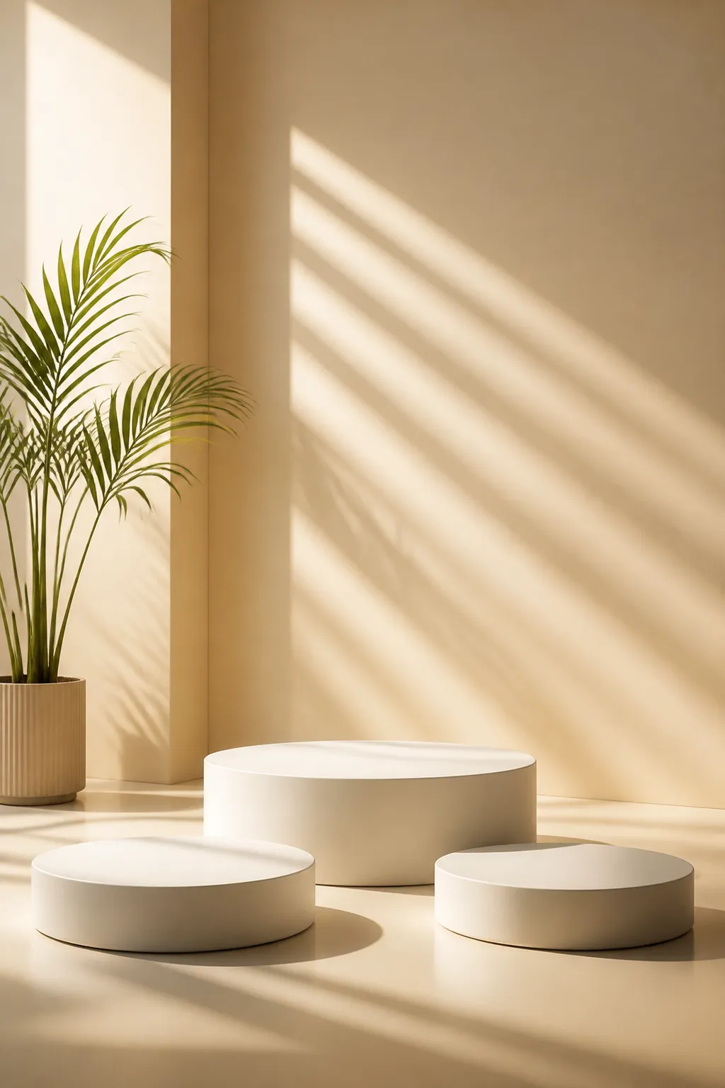 Minimalist white podiums with palm plant and sunlight｜AI Image Generation Prompts