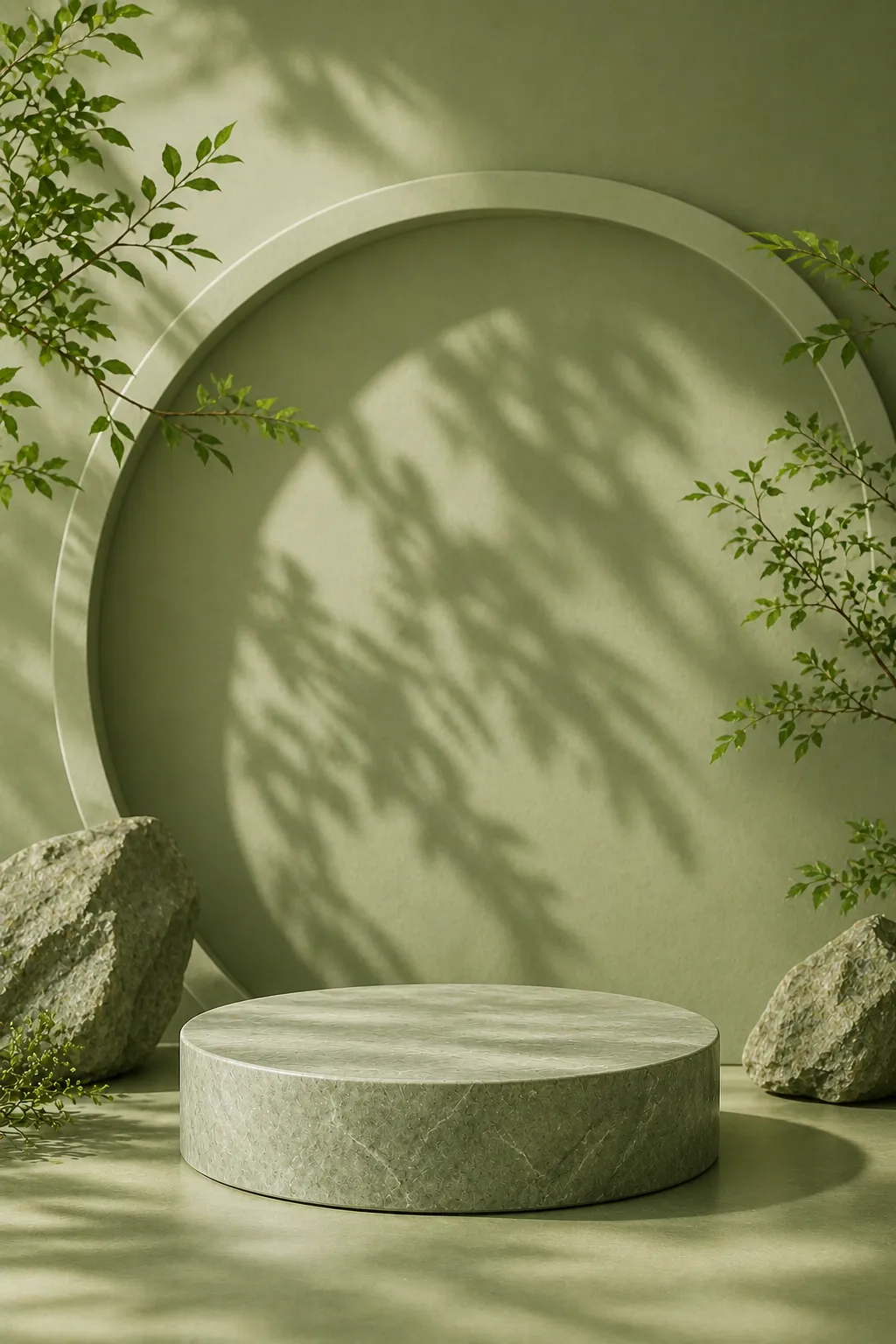 Green circular podium with rocks and leaf shadows｜AI Image Generation Prompts