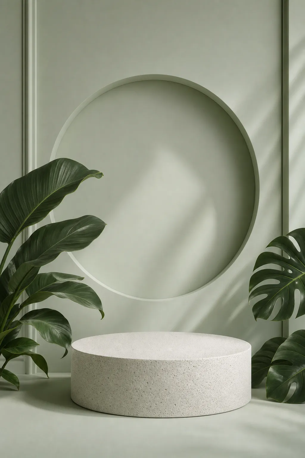 Round textured podium with green wall and tropical leaves｜AI Image Generation Prompts