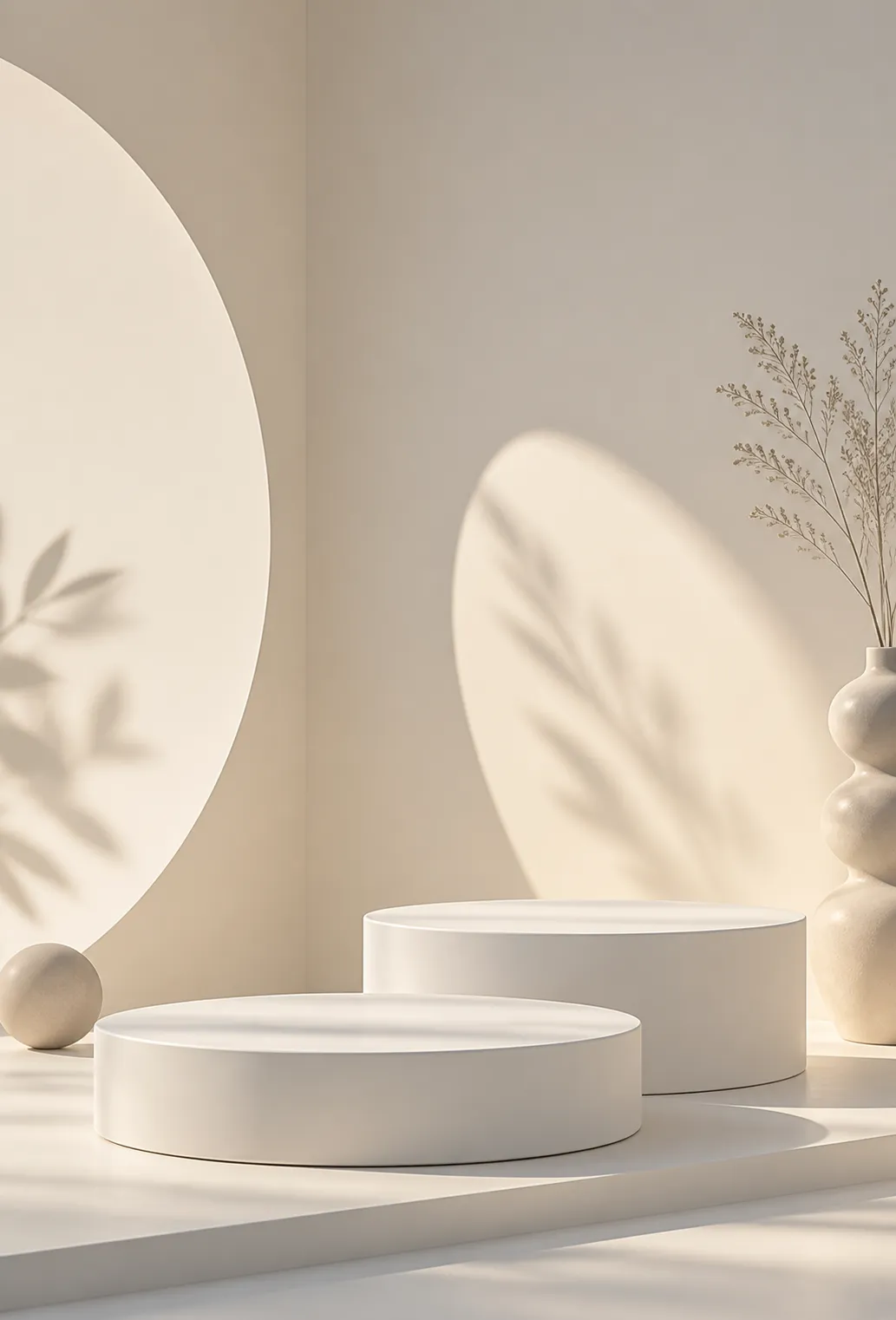 Minimalist White Podium Display With Leaf Shadows｜AI Image Generation Prompts