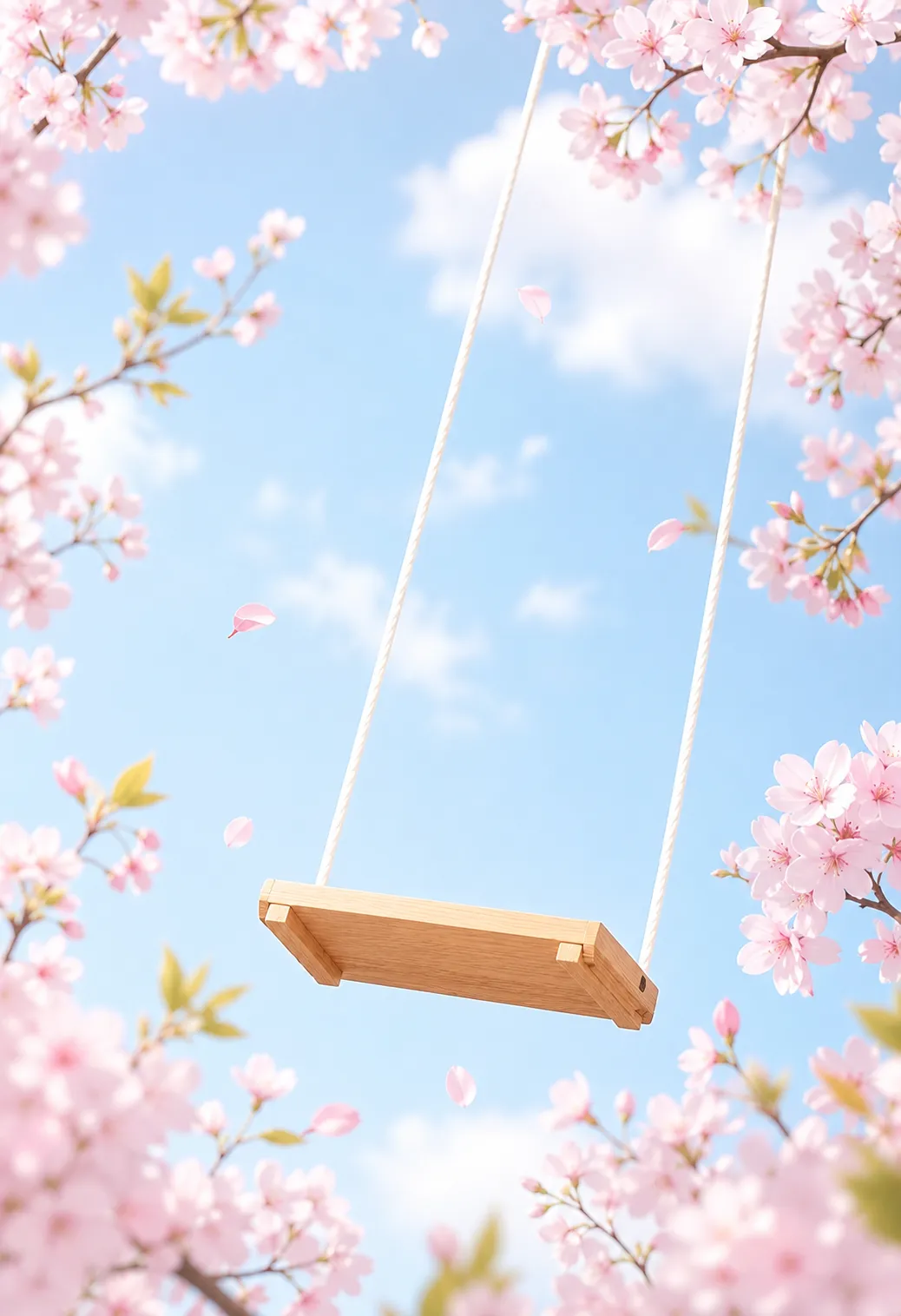 Wooden swing hanging from cherry blossom branches in spring｜AI Image Generation Prompts