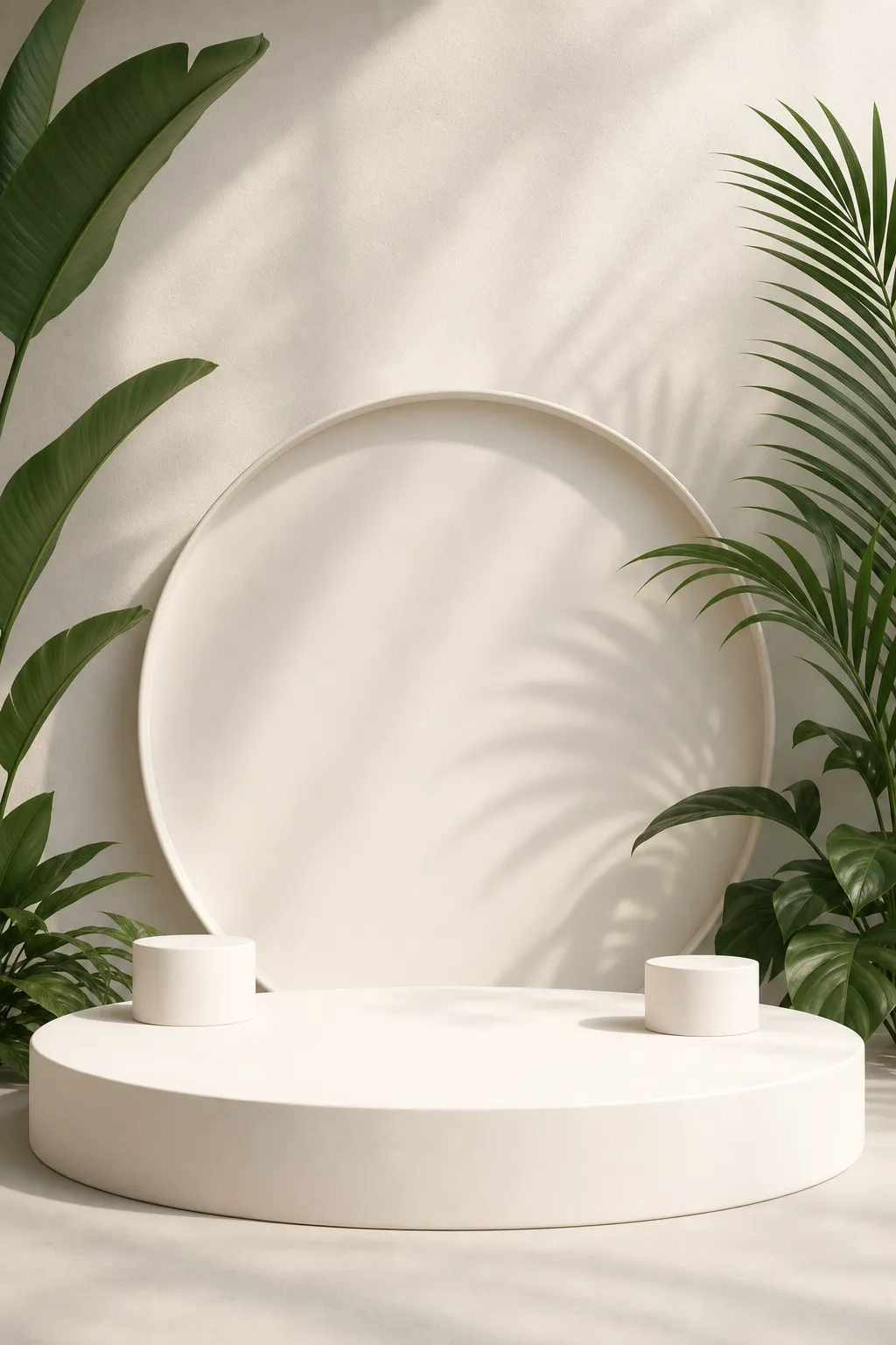 Minimalist White Circular Podium with Tropical Leaves｜AI Image Generation Prompts