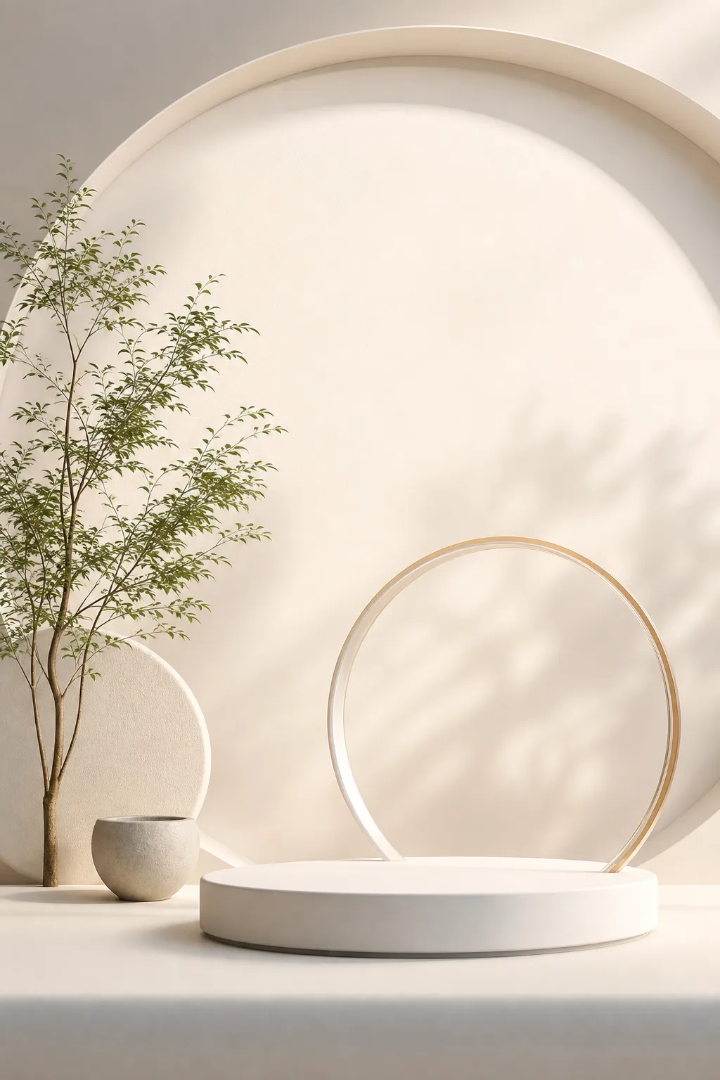 Minimalist white circular podium with plant and ring｜AI Image Generation Prompts