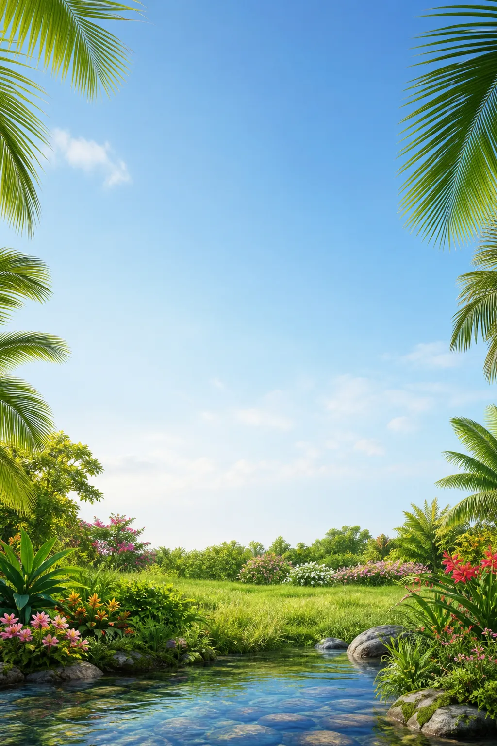 Tropical landscape with palm trees and a clear stream｜AI Image Generation Prompts