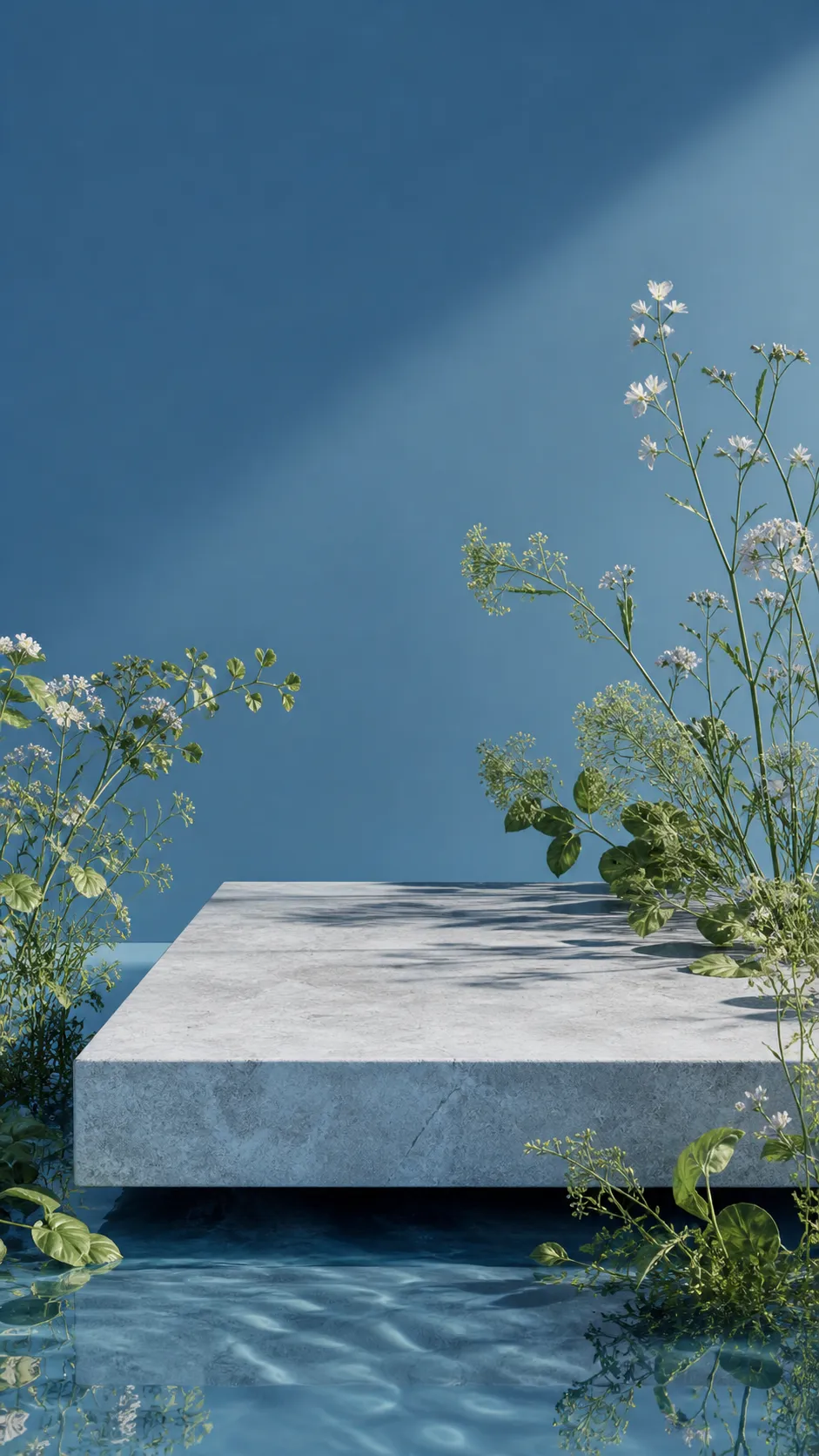 Concrete podium on water with white flowers｜AI Image Generation Prompts