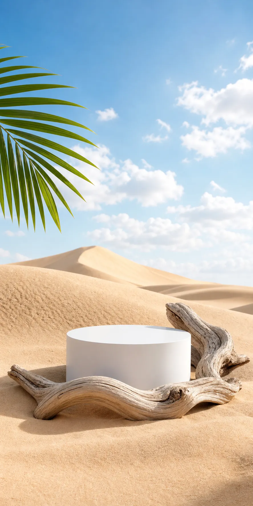 White podium on sand dunes with driftwood and palm leaf｜AI Image Generation Prompts
