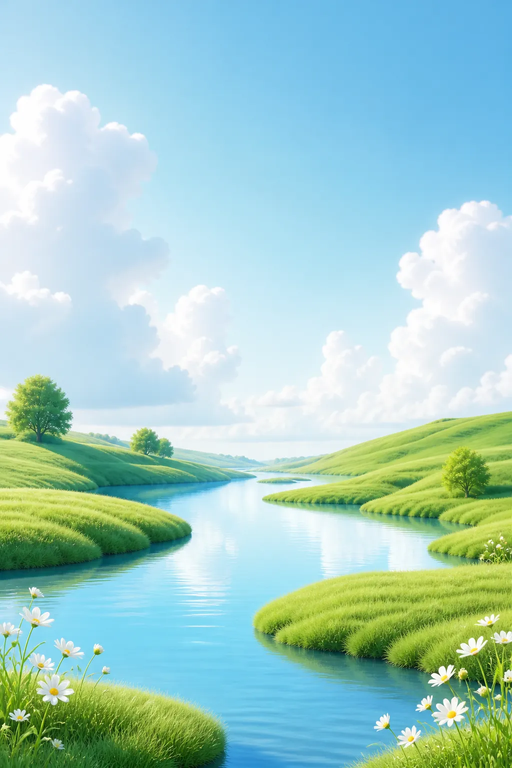 Serene river landscape with green hills and daisies｜AI Image Generation Prompts