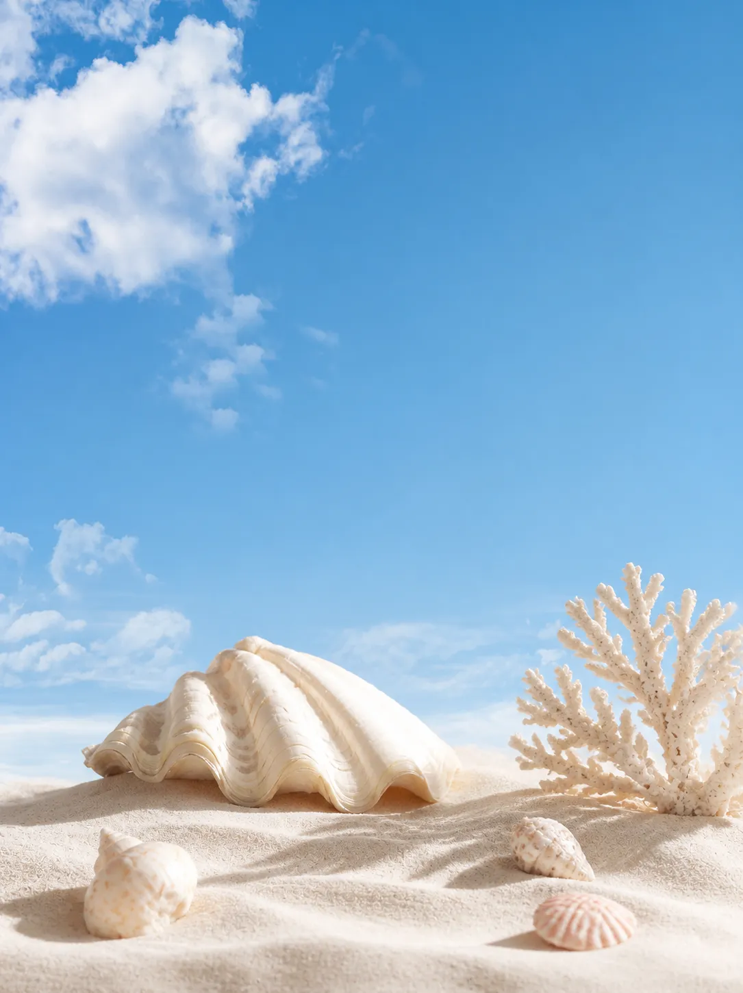 Seashells and coral on sand under blue sky｜AI Image Generation Prompts