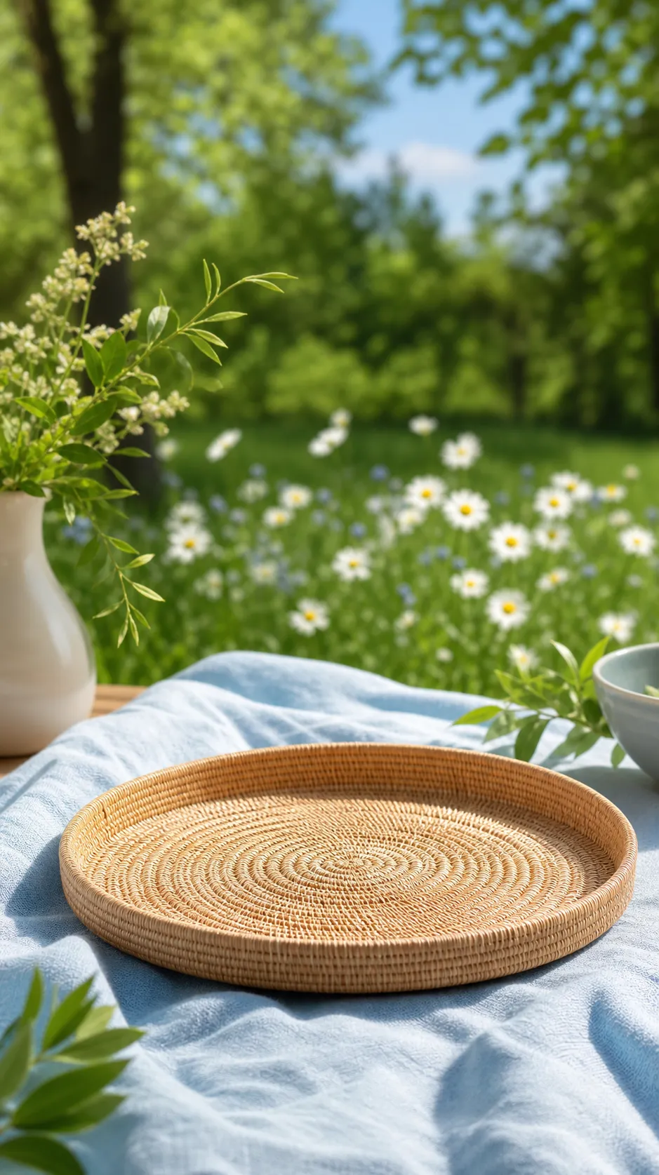 Round woven tray on blue cloth in garden｜AI Image Generation Prompts