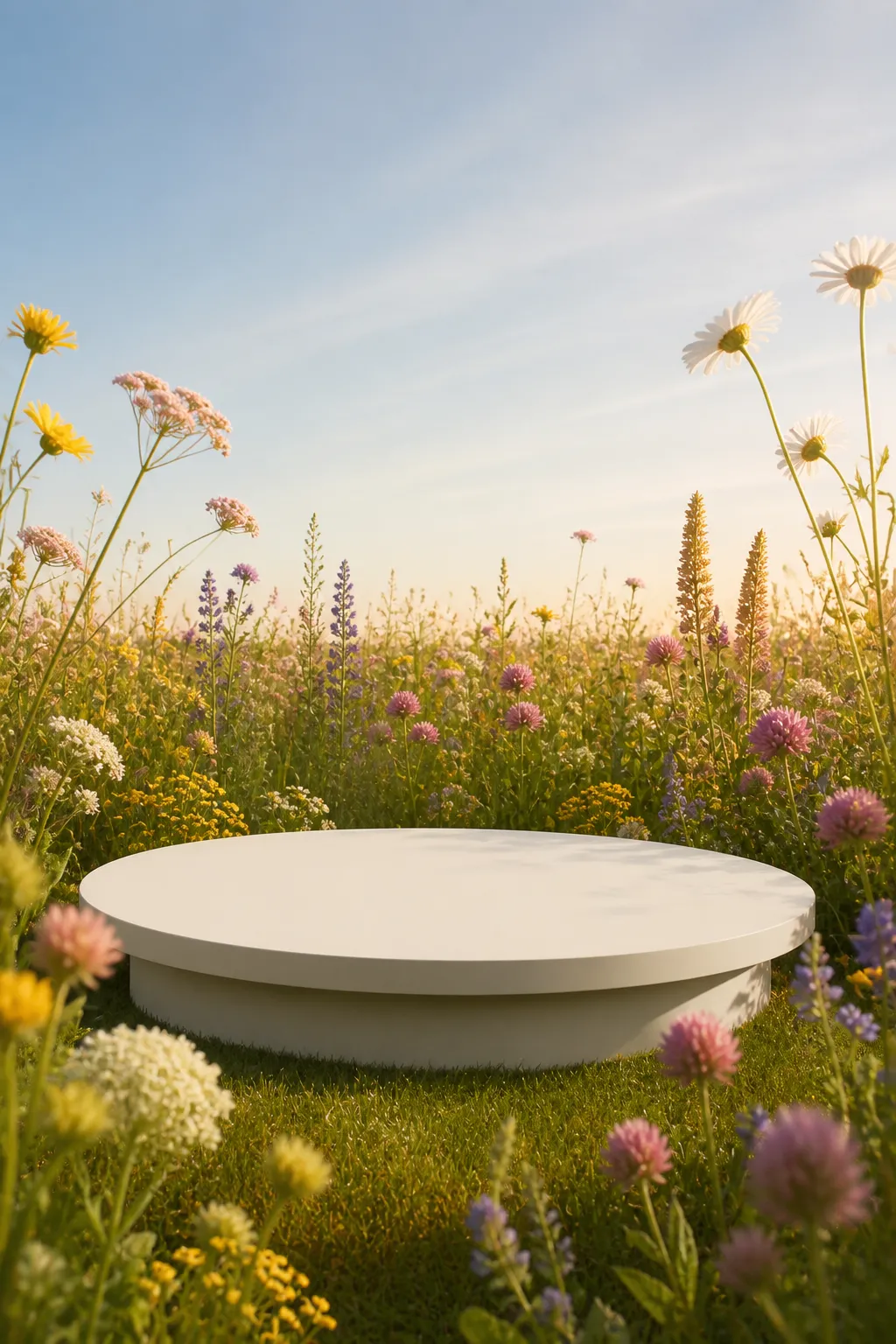 White circular podium in a sunny wildflower meadow｜AI Image Generation Prompts