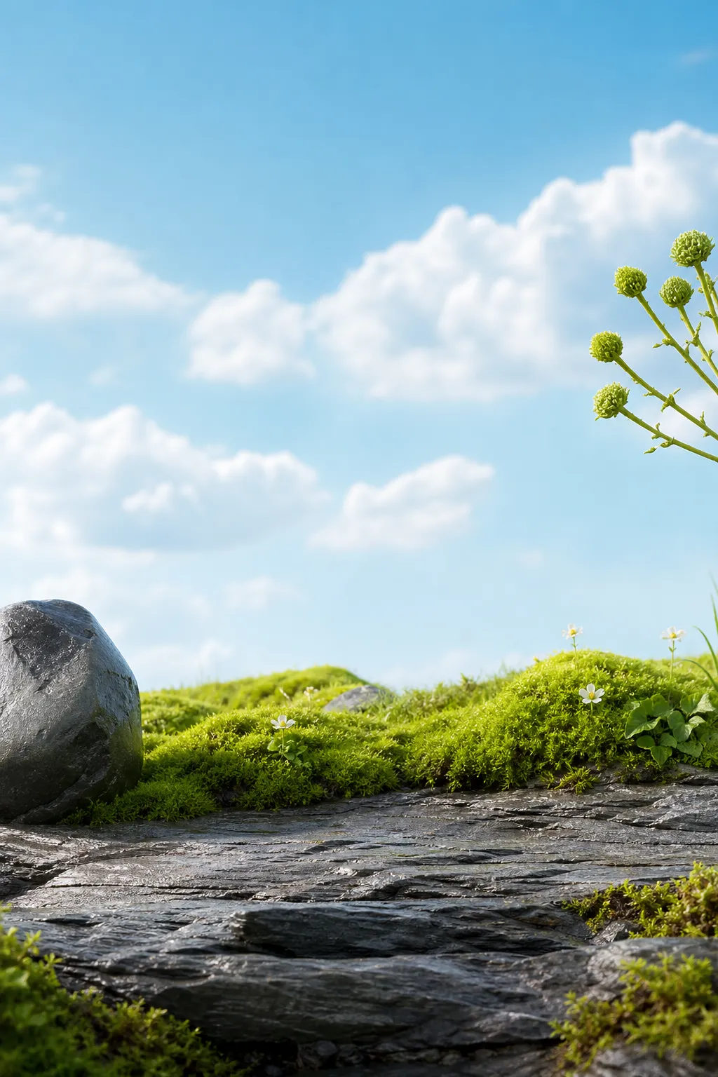 Mossy rocks and flowers under blue sky｜AI Image Generation Prompts
