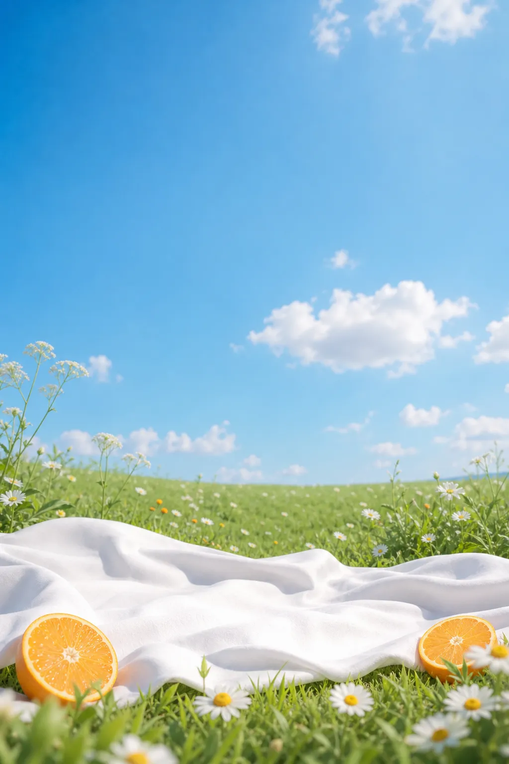 Summer meadow with white cloth and fresh orange slices｜AI Image Generation Prompts