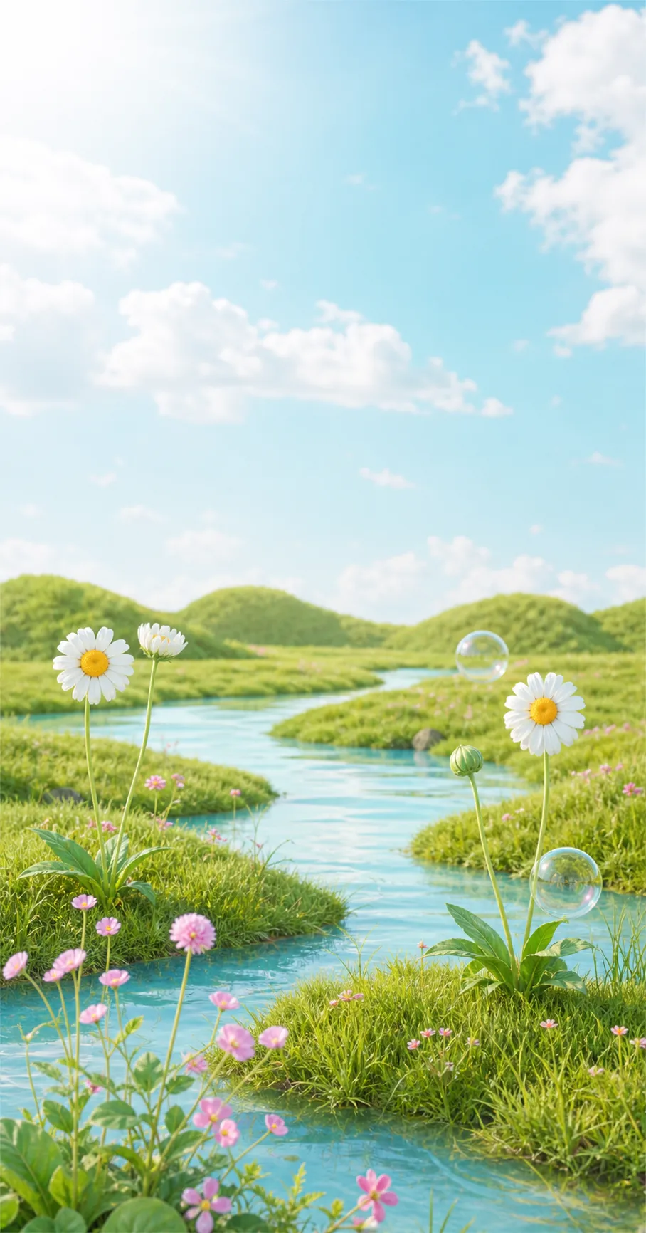 River landscape with daisies and bubbles under blue sky｜AI Image Generation Prompts