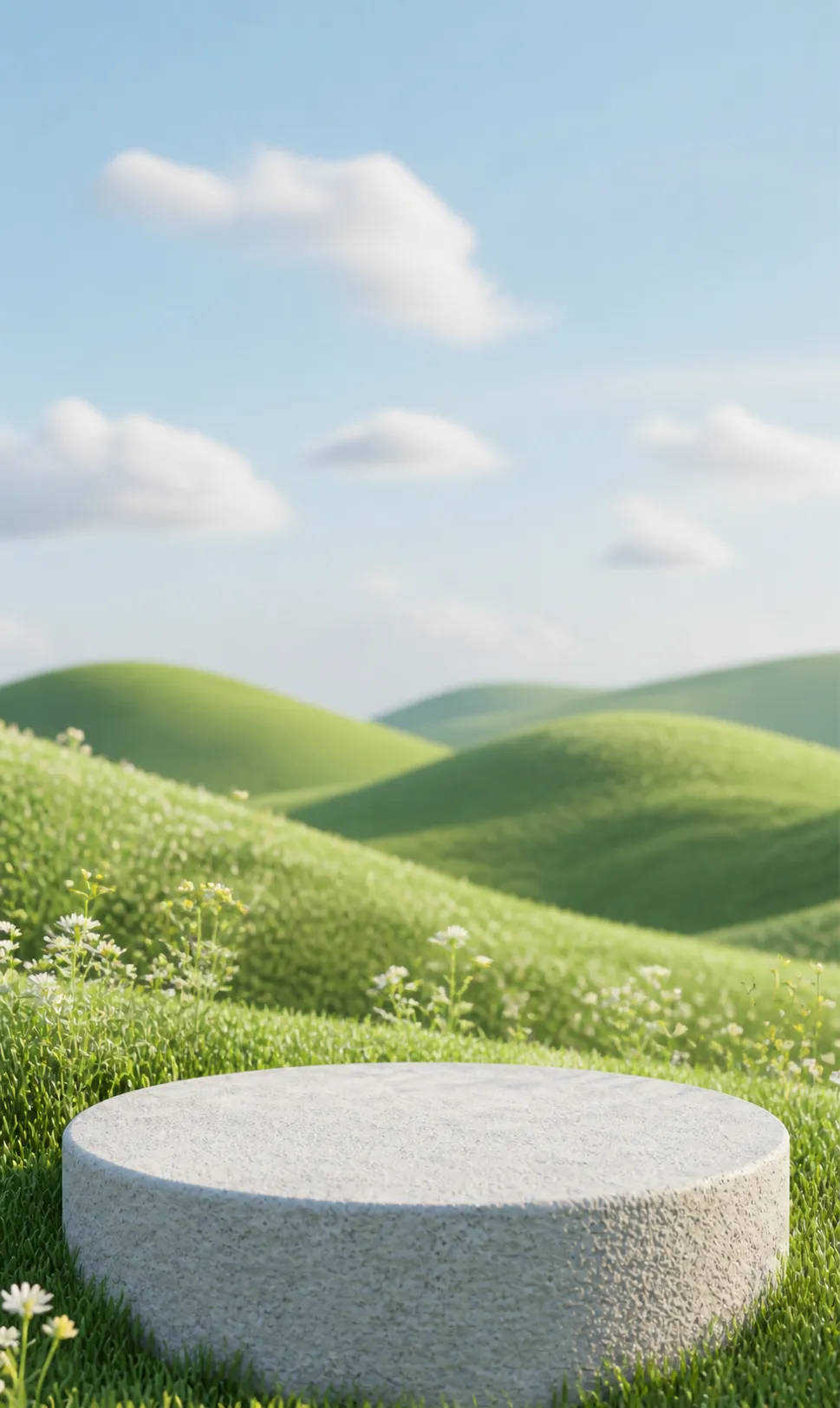 Round stone podium on green grassy hills under blue sky｜AI Image Generation Prompts