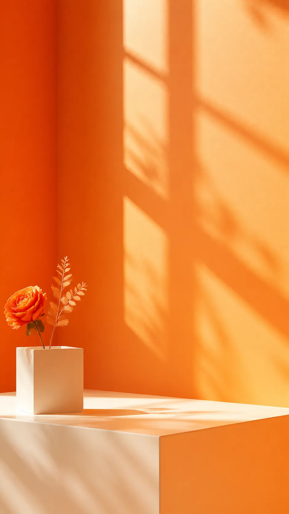Orange rose in white vase with sunlight shadows｜AI Image Generation Prompts