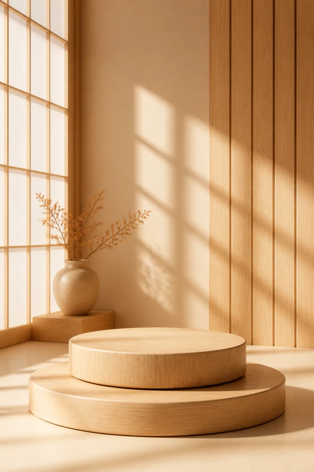Minimalist Wooden Round Podium Display with Natural Light｜AI Image Generation Prompts