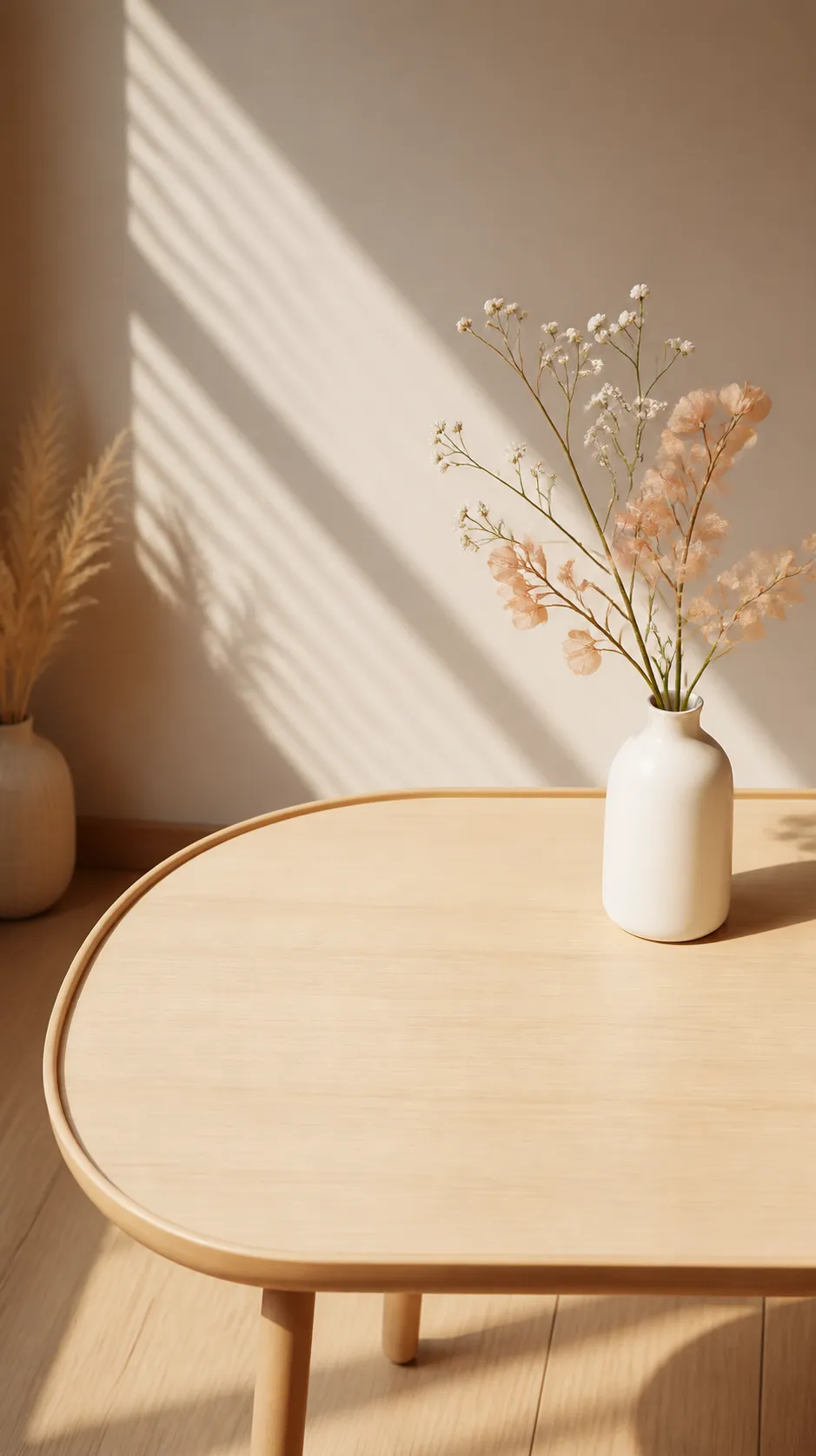 Dried flowers in a white vase on a wooden table｜AI Image Generation Prompts