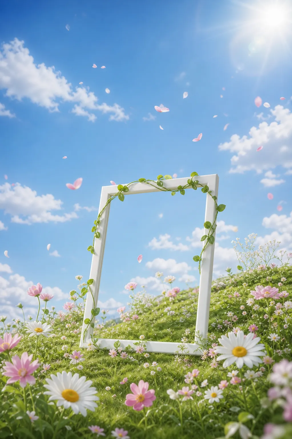 White frame with vines in a sunny flower meadow｜AI Image Generation Prompts