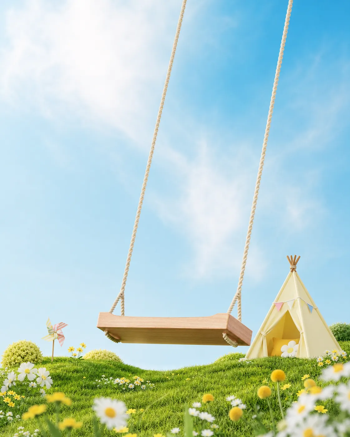 Wooden swing and tent on a grassy hill｜AI Image Generation Prompts