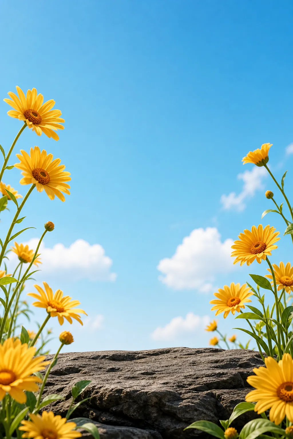 Yellow flowers blooming around a rock under blue sky｜AI Image Generation Prompts