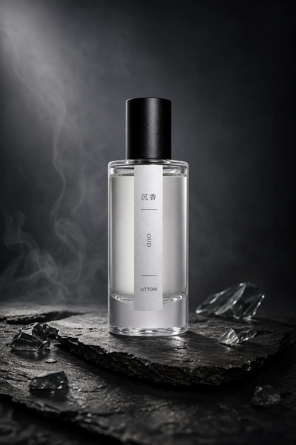 Uttori Oud Perfume Bottle on Dark Stone with Smoke｜AI Image Generation Prompts
