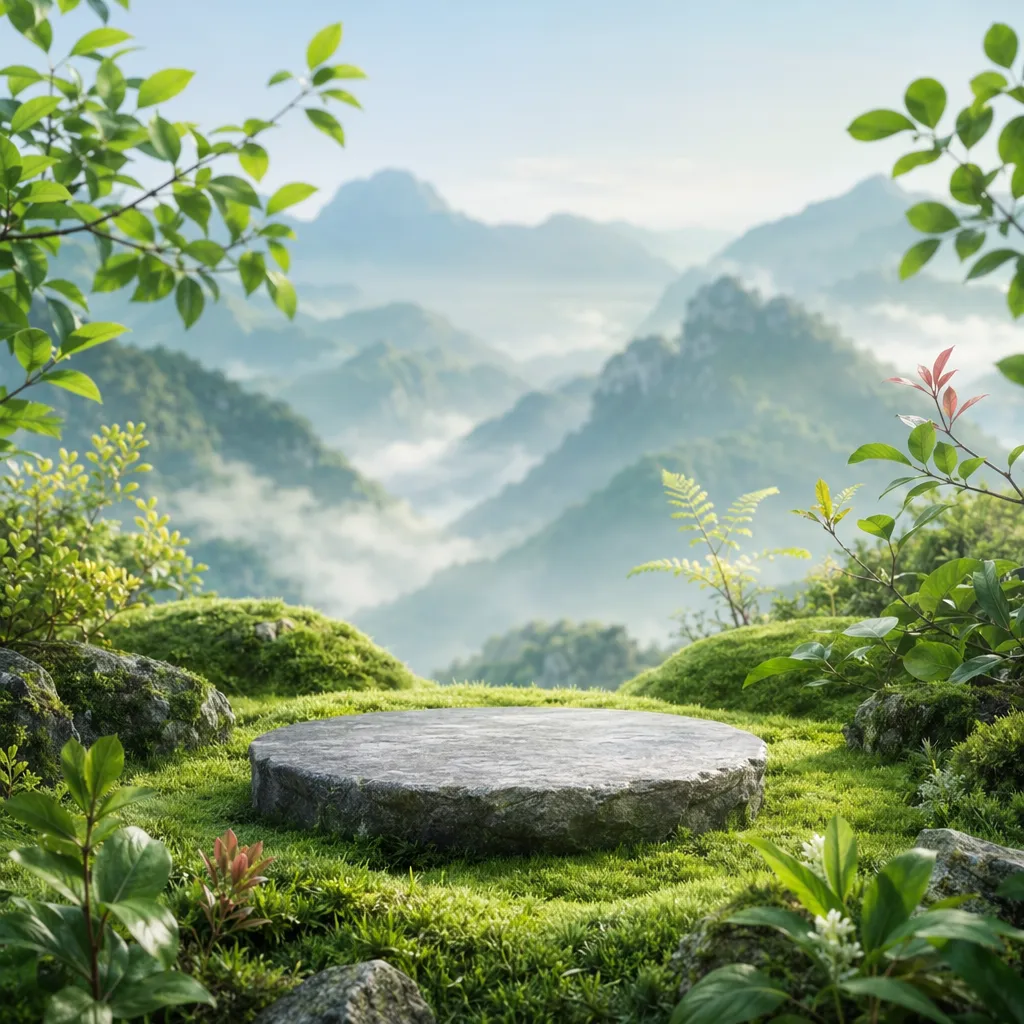 Round stone platform in a lush green mountain landscape｜AI Image Generation Prompts