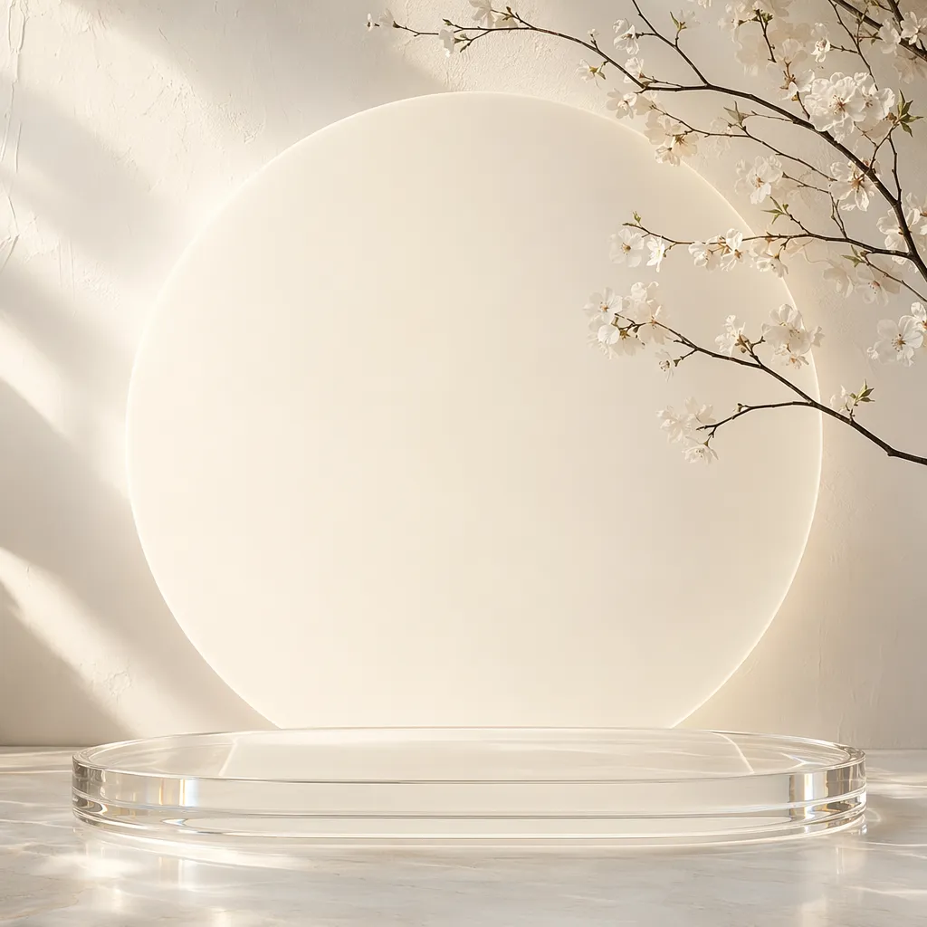 Clear Acrylic Podium with White Circle Backdrop and Flowers｜AI Image Generation Prompts