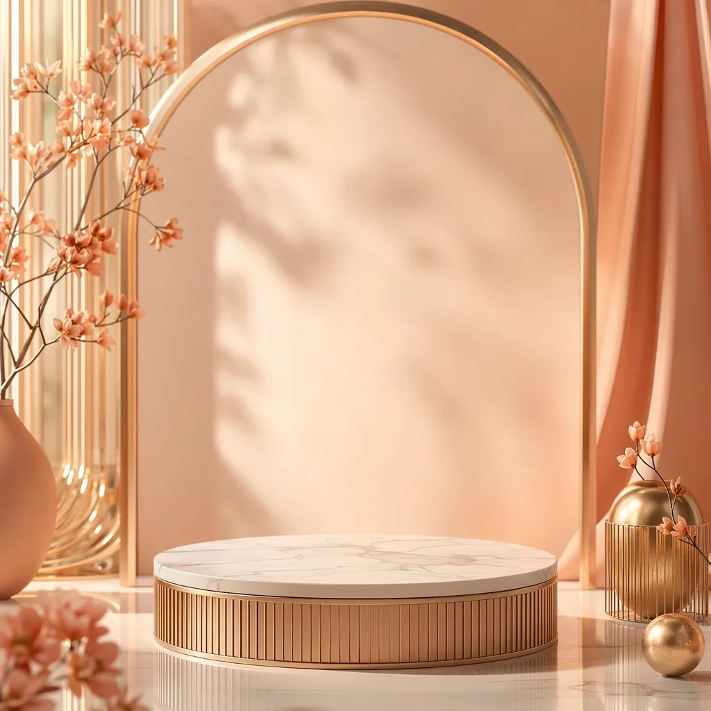 Elegant Peach Gold Marble Podium Display Background｜AI Image Generation Prompts