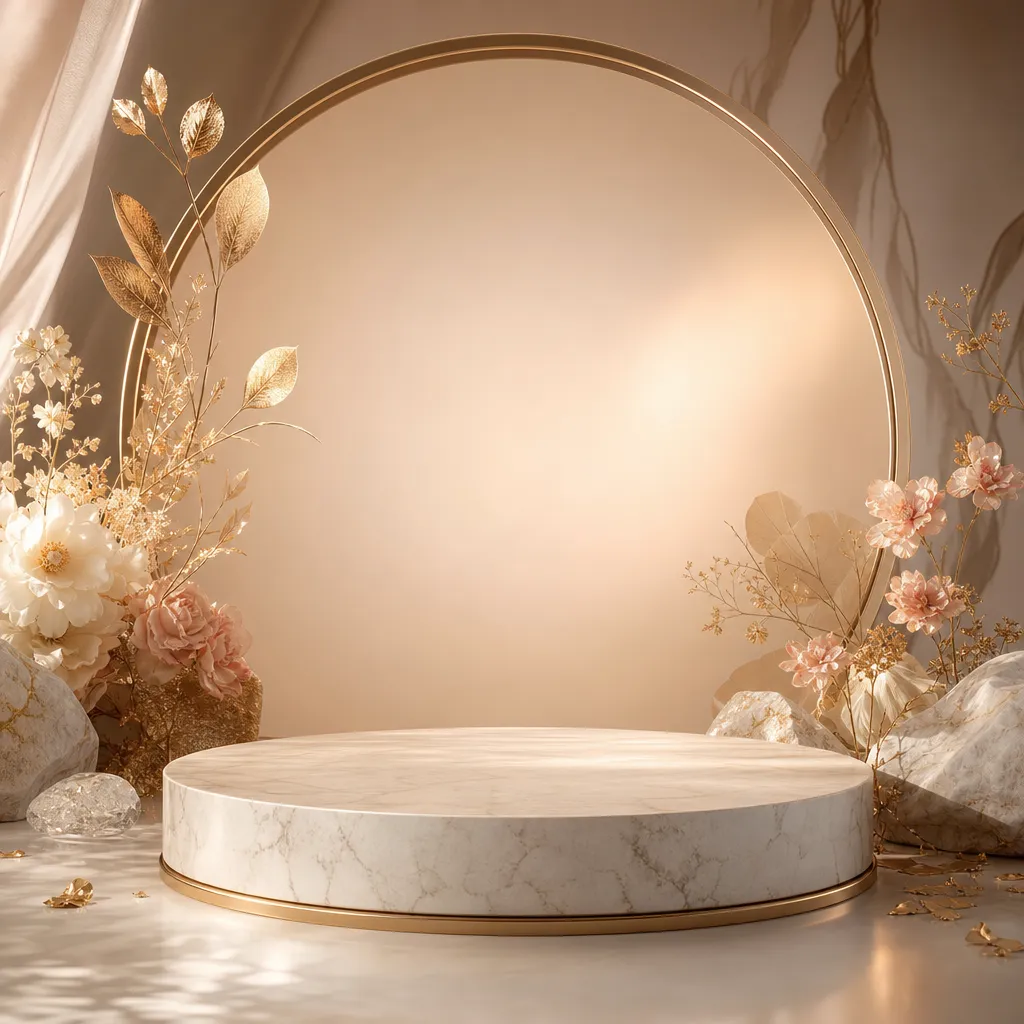 Elegant marble podium with gold arch and flowers｜AI Image Generation Prompts
